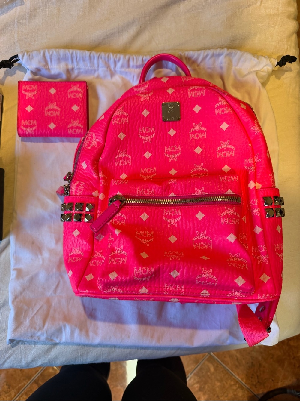 MCM Hot Pink Logo Backpack with Stud Details - Picture 5 of 8
